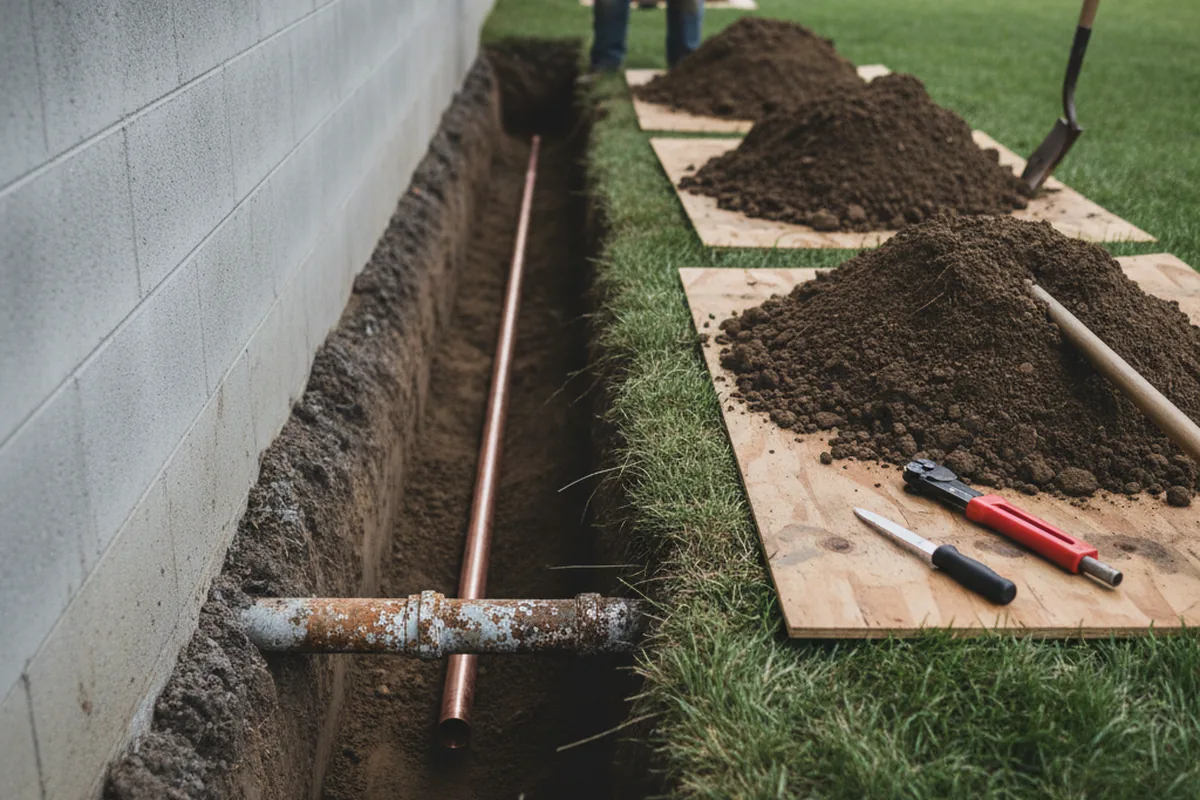Excavated water line trench during Water Heater Repair in Danvers